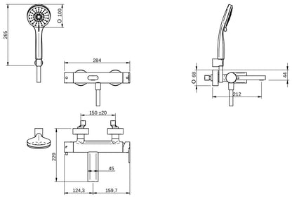 Rubinetterie Treemme 3M Contract Mars IT 9C00 CC MA ZZ Miscelatore Monocomando Esterno Vasca a Muro Miscelazione Meccanica 3 Fori Ottone Cromato Stile Moderno Gancio Doccetta ABS Flessibile PVC
