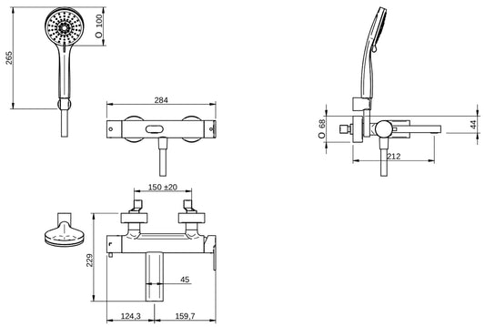 Rubinetterie Treemme 3M Contract Mars IT 9C00 CC MA ZZ Miscelatore Monocomando Esterno Vasca a Muro Miscelazione Meccanica 3 Fori Ottone Cromato Stile Moderno Gancio Doccetta ABS Flessibile PVC