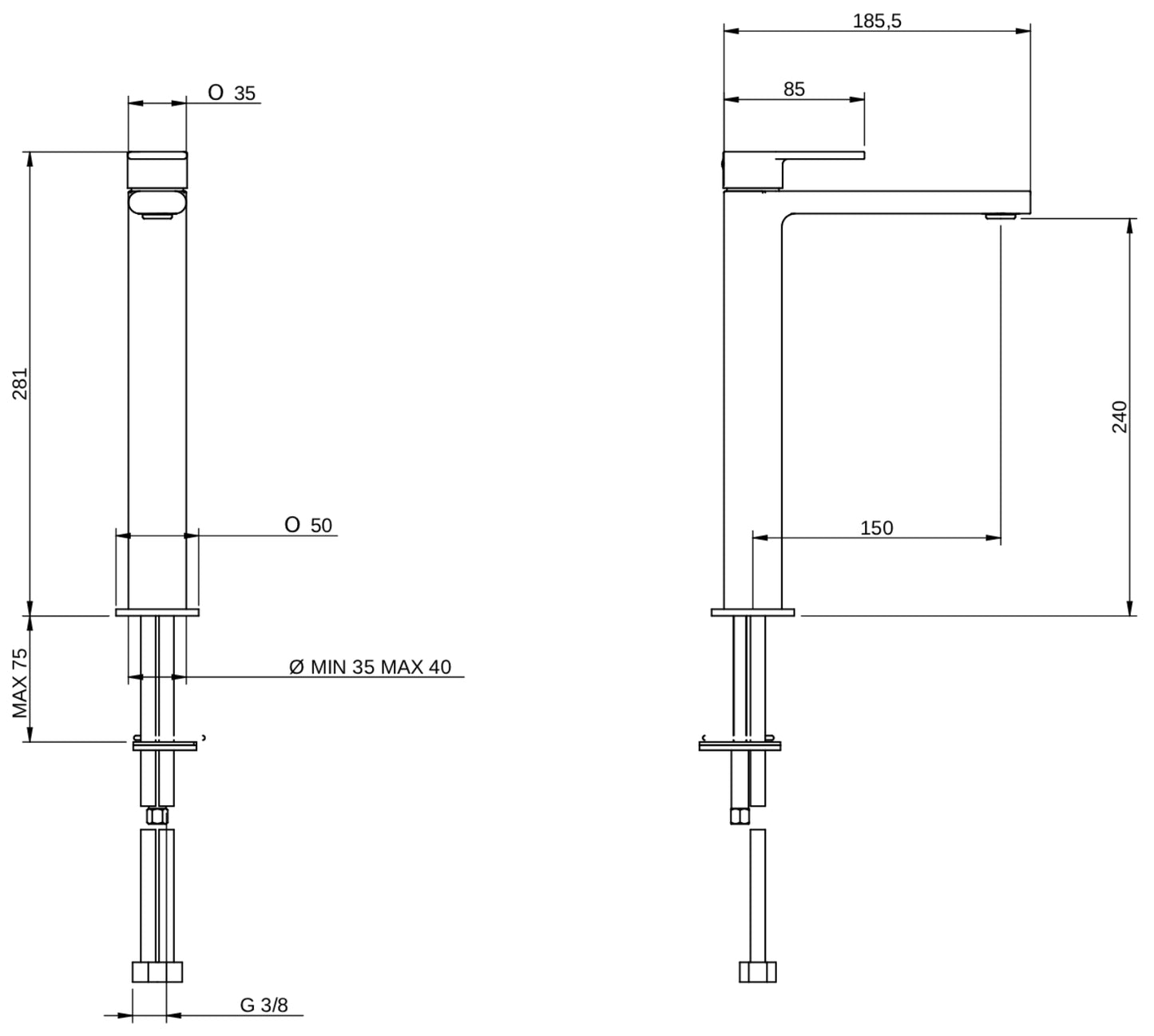 Rubinetterie Treemme 3M Contract Mars IT 9C18 CC MA ZZ Miscelatore Monocomando Lavabo Alto 240 Da Appoggio Monoforo 1 Manopola Miscelazione Meccanica Stile Moderno Altezza 281 mm Profondità 185,5 mm Materiale Ottone Finitura Cromata