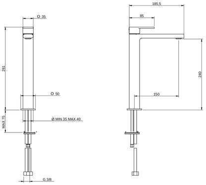 Rubinetterie Treemme 3M Contract Mars IT 9C18 CC MA ZZ Miscelatore Monocomando Lavabo Alto 240 Da Appoggio Monoforo 1 Manopola Miscelazione Meccanica Stile Moderno Altezza 281 mm Profondità 185,5 mm Materiale Ottone Finitura Cromata