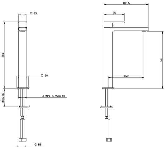 Rubinetterie Treemme 3M Contract Mars IT 9C18 CC MA ZZ Miscelatore Monocomando Lavabo Alto 240 Da Appoggio Monoforo 1 Manopola Miscelazione Meccanica Stile Moderno Altezza 281 mm Profondità 185,5 mm Materiale Ottone Finitura Cromata
