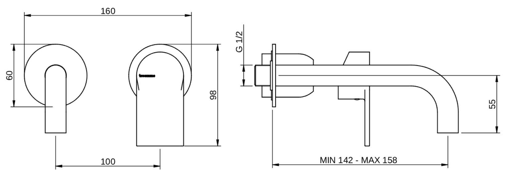 Rubinetterie Treemme 3M Contract Mars RWIT 9C75 CC 01 + RWIT 7C51 ZZ 04 Miscelatore Lavabo Incasso Muro 158 mm 2 Fori 1 Manopola Miscelazione Meccanica Stile Moderno Profondità Bocca 158 mm Parte Interna Esterna Incluse Ottone Cromata