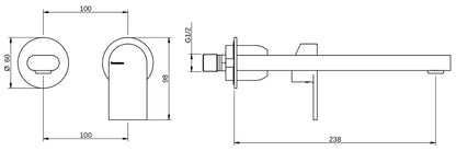 Rubinetterie Treemme 3M Contract Mars RWIT 9C76 CC 02 + RWIT 7C51 ZZ 04 Miscelatore Lavabo Incasso Muro 238 mm 2 Fori 1 Manopola Miscelazione Meccanica Stile Moderno Profondità 238 mm Parte Interna Esterna Incluse Ottone Cromata