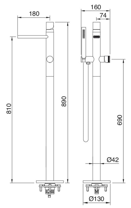 Rubinetterie Treemme Nanotech RWIT 5403 CC 50 + RWIT 4A62 ZZ 50 Miscelatore Monocomando Vasca Da Terra Con Doccetta In Metallo Materiale Ottone Finitura Cromata