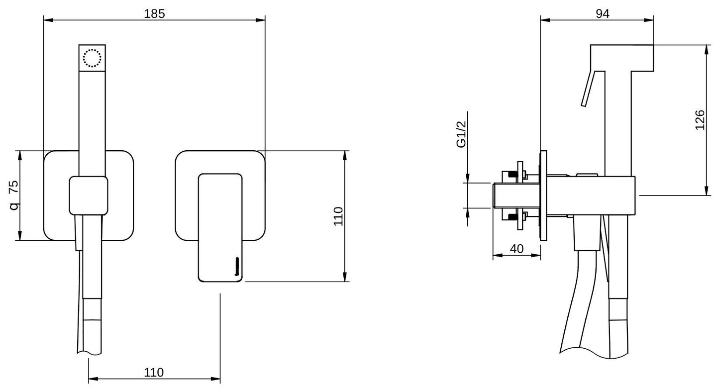 Rubinetterie Treemme 3M Pa36 RWIT 8BD4 CC 30 + RWIT 51A5 ZZ 01 Miscelatore Incasso Idroscopino Per WC Con Doccetta Quadra in Metallo Flessibile in PVC 1 Metro 2 Fori 1 Leva Parte Interna e Esterna Incluse Materiale Ottone Finitura Cromata