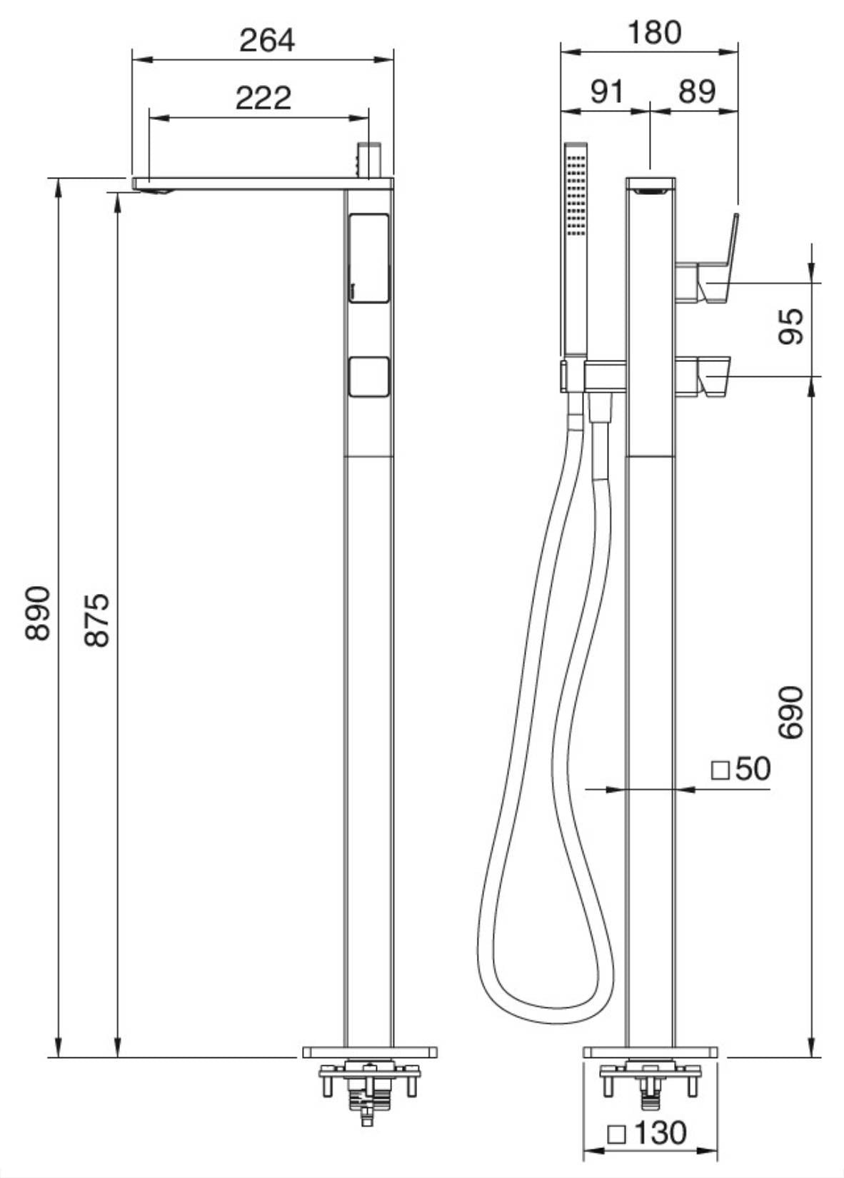 Rubinetterie Treemme 3M Pa36 RWIT 8B03 CC 50 + RWIT 4A62 ZZ 50 Miscelatore Vasca Da Terra a Pavimento Monocomando Meccanico Parte Interna Esterna Inclusa Monoforo Con Piastra Ottone Cromata 1 Leva Stile Moderno Doccetta Metallo Flessibile PVC