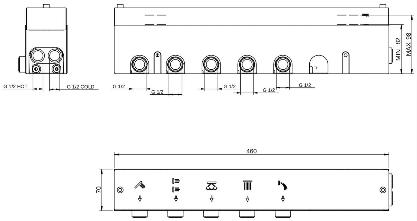 Rubinetterie Treemme 3M W-Touch RWIT 1BE5 CC 01 + RWIT 1BE5 ZZ 30 Miscelatore Doccia Meccanico Incasso 5 Uscite Parete 7 Fori Manopole Sistema Premi e Regola Parte Interna Esterna Incluse Stile Moderno Con Piastra Materiale Ottone Finitura Cromata