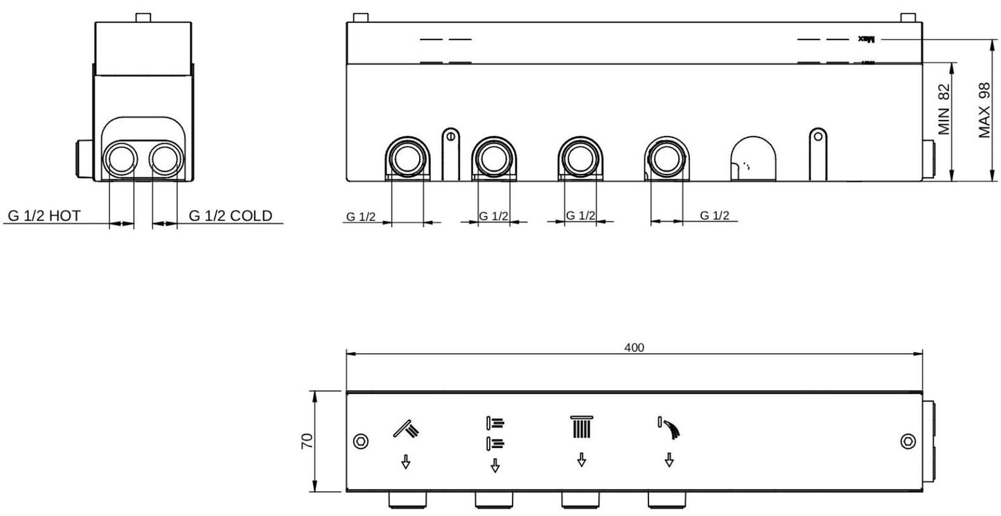 Rubinetterie Treemme 3M W-Touch RWIT 1BF4 CC 01 + RWIT 1BF4 ZZ 30 Miscelatore Doccia Termostatico Incasso 4 Uscite Parete 6 Fori Manopole Sistema Premi e Regola Parte Interna Esterna Incluse Stile Moderno Con Piastra Materiale Ottone Finitura Cromata