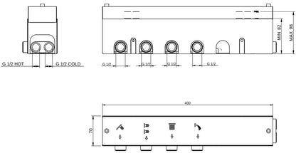Rubinetterie Treemme 3M W-Touch RWIT 1BF4 CC 01 + RWIT 1BF4 ZZ 30 Miscelatore Doccia Termostatico Incasso 4 Uscite Parete 6 Fori Manopole Sistema Premi e Regola Parte Interna Esterna Incluse Stile Moderno Con Piastra Materiale Ottone Finitura Cromata