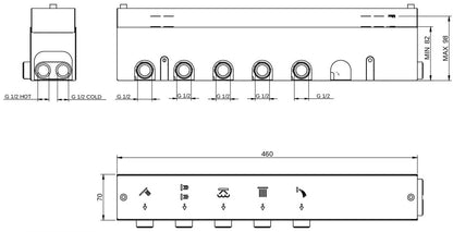 Rubinetterie Treemme 3M W-Touch RWIT 1BF5 CC 01 + RWIT 1BF5 ZZ 30 Miscelatore Doccia Termostatico Incasso 5 Uscite Parete 7 Fori Manopole Sistema Premi e Regola Parte Interna Esterna Incluse Stile Moderno Con Piastra Materiale Ottone Finitura Cromata