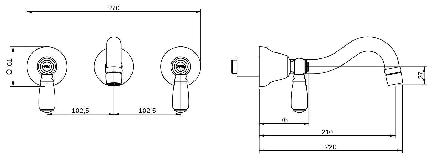 Rubinetterie Treemme 3M Old Italy Sogno RWIT 4460 CC 50 + RWIT 3A60 ZZ 02 Miscelatore Gruppo Lavabo a Muro 210 mm 2 Leve Ceramica Bianca 3 Fori Stile Classico Lunghezza 220 mm Ottone Cromato Parte Interna Incasso Esterna Incluse