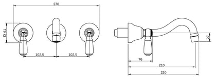 Rubinetterie Treemme 3M Old Italy Sogno RWIT 4460 CC 50 + RWIT 3A60 ZZ 02 Miscelatore Gruppo Lavabo a Muro 210 mm 2 Leve Ceramica Bianca 3 Fori Stile Classico Lunghezza 220 mm Ottone Cromato Parte Interna Incasso Esterna Incluse