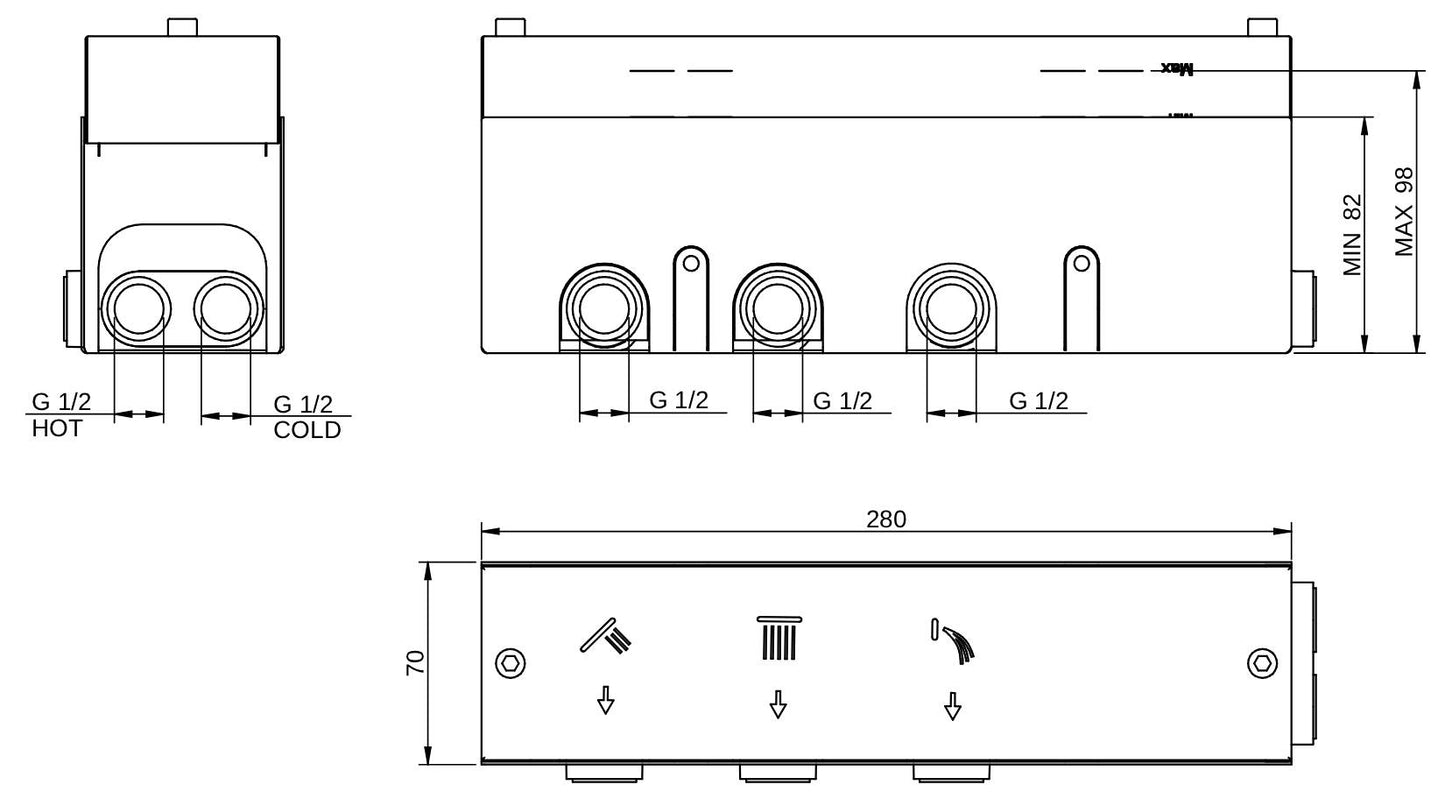 Rubinetterie Treemme 3M W-Smart RWIT 5C94 IS 01 + RWIT 5C94 ZZ 30 Miscelatore Doccia Termostatico Incasso 3 Uscite Parete 4 Fori Quattro Manopole Sistema Premi e Regola Parte Interna Esterna Incluse Stile Moderno Con Piastra Acciaio Inox Spazzolato Opaco