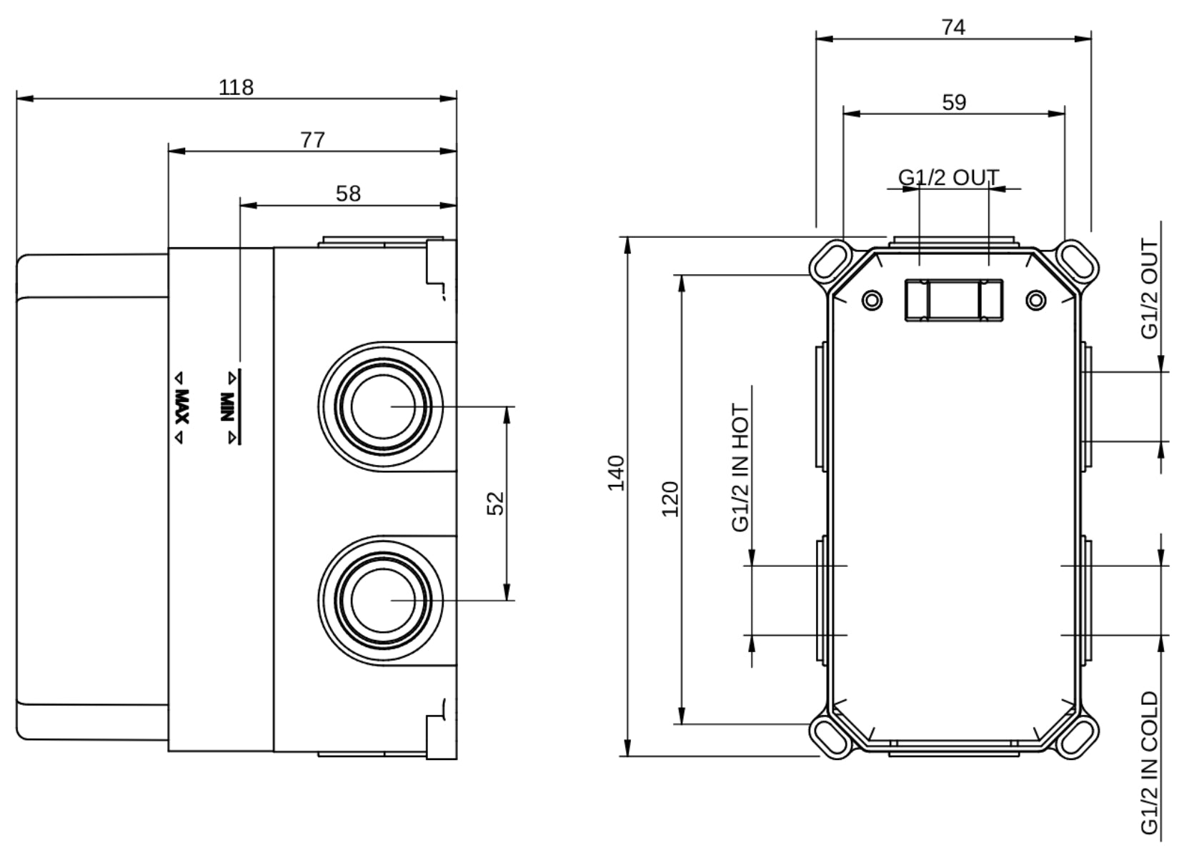 Rubinetterie Treemme 3M Contract Footprint  RWIT 7C46 CC 01 + RWIT 7C46 ZZ 2V Miscelatore Doccia Incasso Parete Deviatore Due Uscite Rotativo Miscelazione Termostatica 2 Fori Manopole Parte Interna Esterna Incluse Stile Moderno Con Piastra Ottone Cromato
