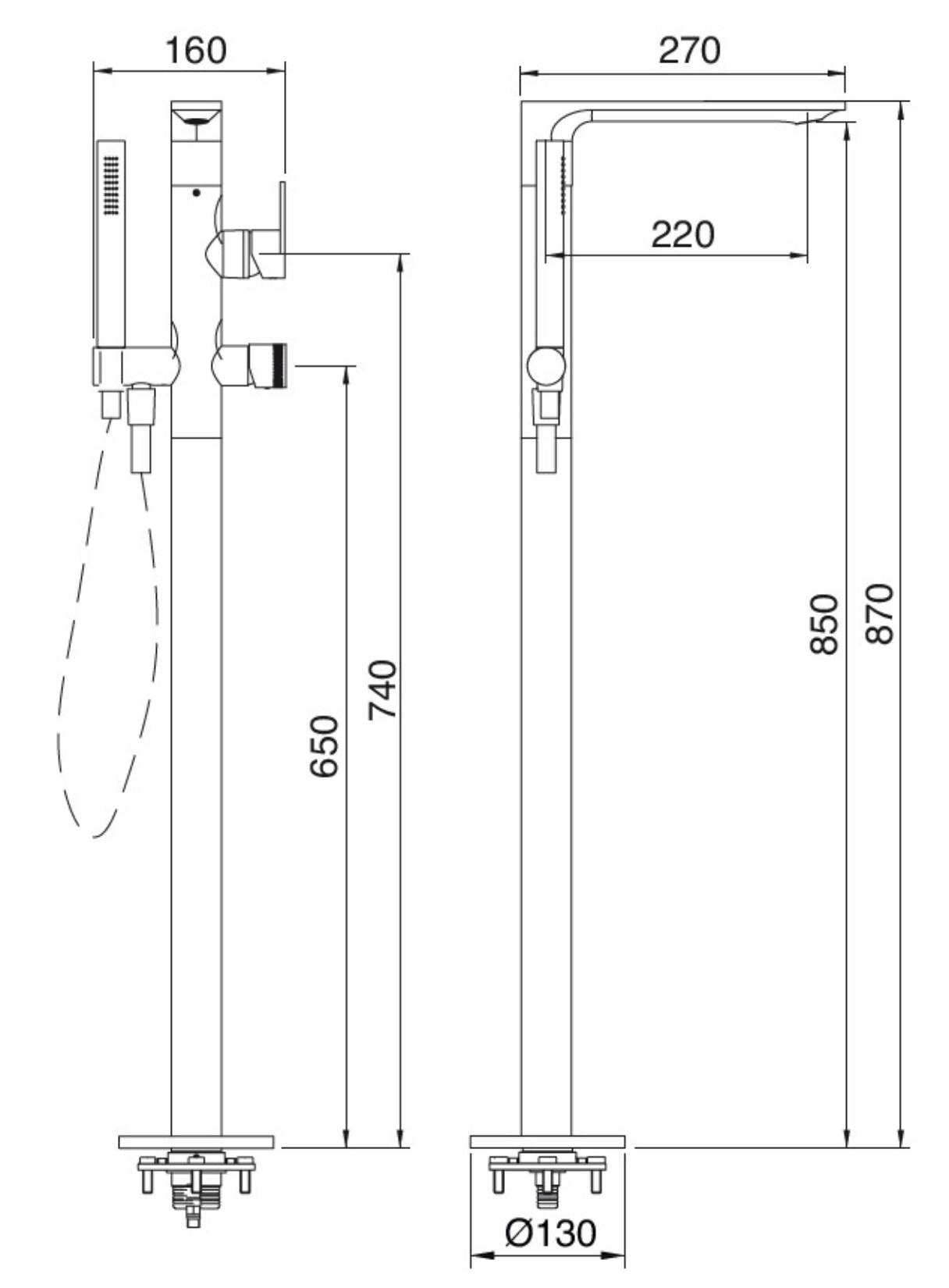 Rubinetterie Treemme Ran RWIT 2203 CC 50 + RWIT 4A62 ZZ 50 Miscelatore Monocomando Vasca Da Terra Con Doccetta In Metallo Materiale Ottone Finitura Cromata