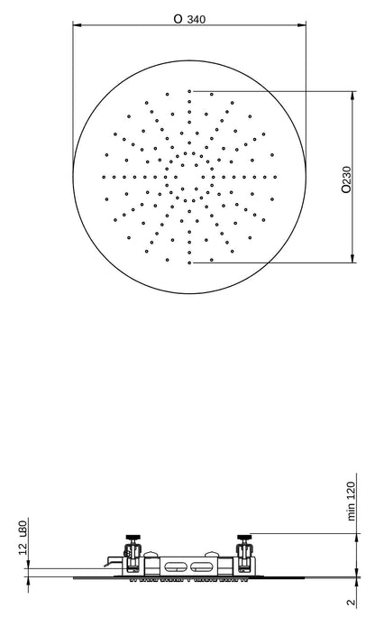 Rubinetterie Treemme 3M Showers IT RTBR 498 IS Soffione Doccia ad Incasso a Soffitto Per Controsoffitto Forma Rotonda Misura Diametro Ø 340 mm Uscita Acqua a Pioggia Stile Moderno Materiale Acciaio Finitura Inox Spazzolato Opaco