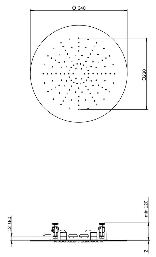 Rubinetterie Treemme 3M Showers IT RTBR 498 IS Soffione Doccia ad Incasso a Soffitto Per Controsoffitto Forma Rotonda Misura Diametro Ø 340 mm Uscita Acqua a Pioggia Stile Moderno Materiale Acciaio Finitura Inox Spazzolato Opaco