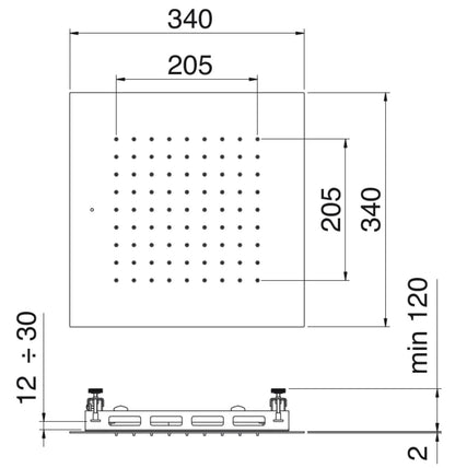Rubinetterie Treemme 3M Showers IT RTBR 499 IS Soffione Doccia ad Incasso a Soffitto Per Controsoffitto Forma Quadrata Misura 340x340 mm Uscita Acqua a Pioggia Stile Moderno Materiale Acciaio Finitura Inox Spazzolato Opaco