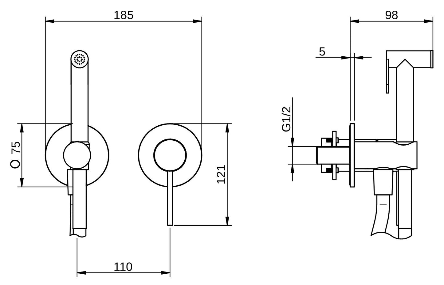 Rubinetterie Treemme 3M Cleaning - Flushing RWIT 13D4 IS 30 + RWIT 51A5 ZZ 01 Miscelatore Incasso Idroscopino Per WC Con Doccetta Tonda Flessibile in PVC 1 Metro 2 Fori 1 Leva Parte Interna e Esterna Incluse Acciaio Inox Spazzolato Opaco