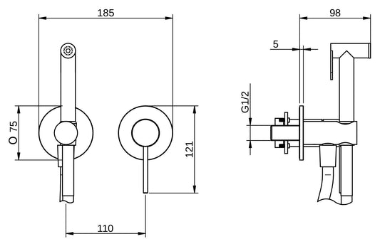 Rubinetterie Treemme 3M Cleaning - Flushing RWIT 13D4 IS 30 + RWIT 51A5 ZZ 01 Miscelatore Incasso Idroscopino Per WC Con Doccetta Tonda Flessibile in PVC 1 Metro 2 Fori 1 Leva Parte Interna e Esterna Incluse Acciaio Inox Spazzolato Opaco