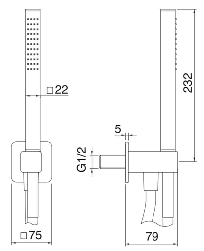 Rubinetterie Treemme 3M Showers & Thermostatics RWIT 8BD4 CC 20 Duplex Presa Acqua Kit Gancio Ottone Flessibile PVC 1,5 Metri E Doccetta In Metallo Estraibile Forma Quadra Finitura Cromata Portata 8 Litri Al Minuto