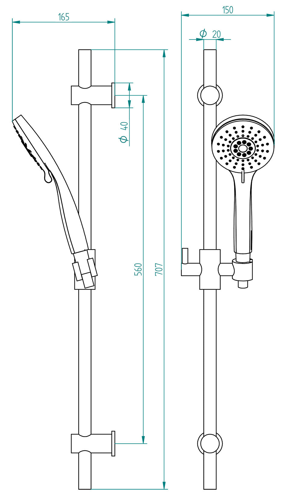 Rubinetterie Treemme 3M Contract Termo S + Showers RWIT 6306 CC 05 Kit Asta Saliscendi Con Doccetta In ABS 3 Funzioni e Flessibile in PVC Senza Presa Acqua a Muro Finitura Cromata