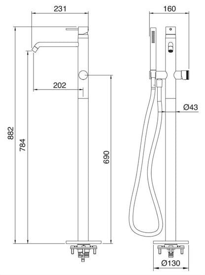 Rubinetterie Treemme UP+ RWIT 5703 CC 50 + RWIT 4A62 ZZ 50 Miscelatore Monocomando Vasca Da Terra a Pavimento Con Doccetta In Metallo Materiale Ottone Finitura Cromata