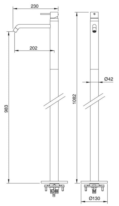 Rubinetterie Treemme UP+ RWIT 5714 CC 50 + RWIT 4A62 ZZ 50 Miscelatore Monocomando Lavabo Da Terra H1082 mm L230 mm Materiale Ottone Finitura Cromata