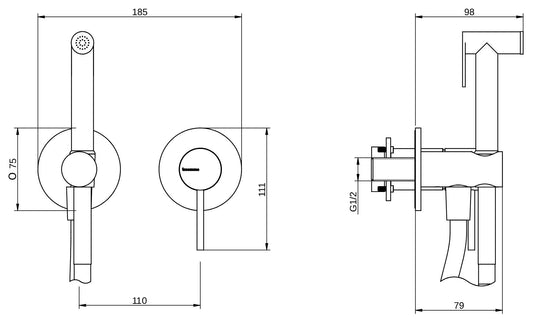 Rubinetterie Treemme 3M Up+ RWIT 6BD4 CC 30 + RWIT 51A5 ZZ 01 Miscelatore Incasso Idroscopino Per WC Con Doccetta Tonda in Metallo Flessibile in PVC 1 Metro 2 Fori 1 Leva Parte Interna e Esterna Incluse Materiale Ottone Finitura Cromata