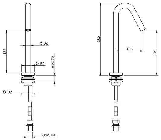Rubinetterie Treemme 3M Up+ RWIT 7216 CC 20 Bocca Lavabo Da Piano 175 mm Getto di Erogazione Uscita Acqua Installazione Ad Appoggio Materiale Ottone Finitura Cromata Stile Moderno Forma Tonda Monoforo Altezza 280 mm Profondità 105 mm