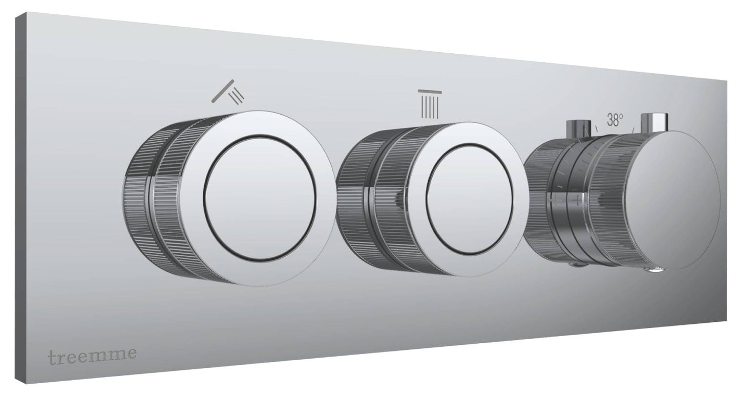 Rubinetterie Treemme 3M W-Smart RWIT 5C86 CC 01 + RWIT 5C86 ZZ 30 Miscelatore Doccia Termostatico Incasso 2 Uscite Parete 3 Fori Sistema Premi e Regola Parte Interna Esterna Incluse Stile Moderno Con Piastra Materiale Ottone Finitura Cromata