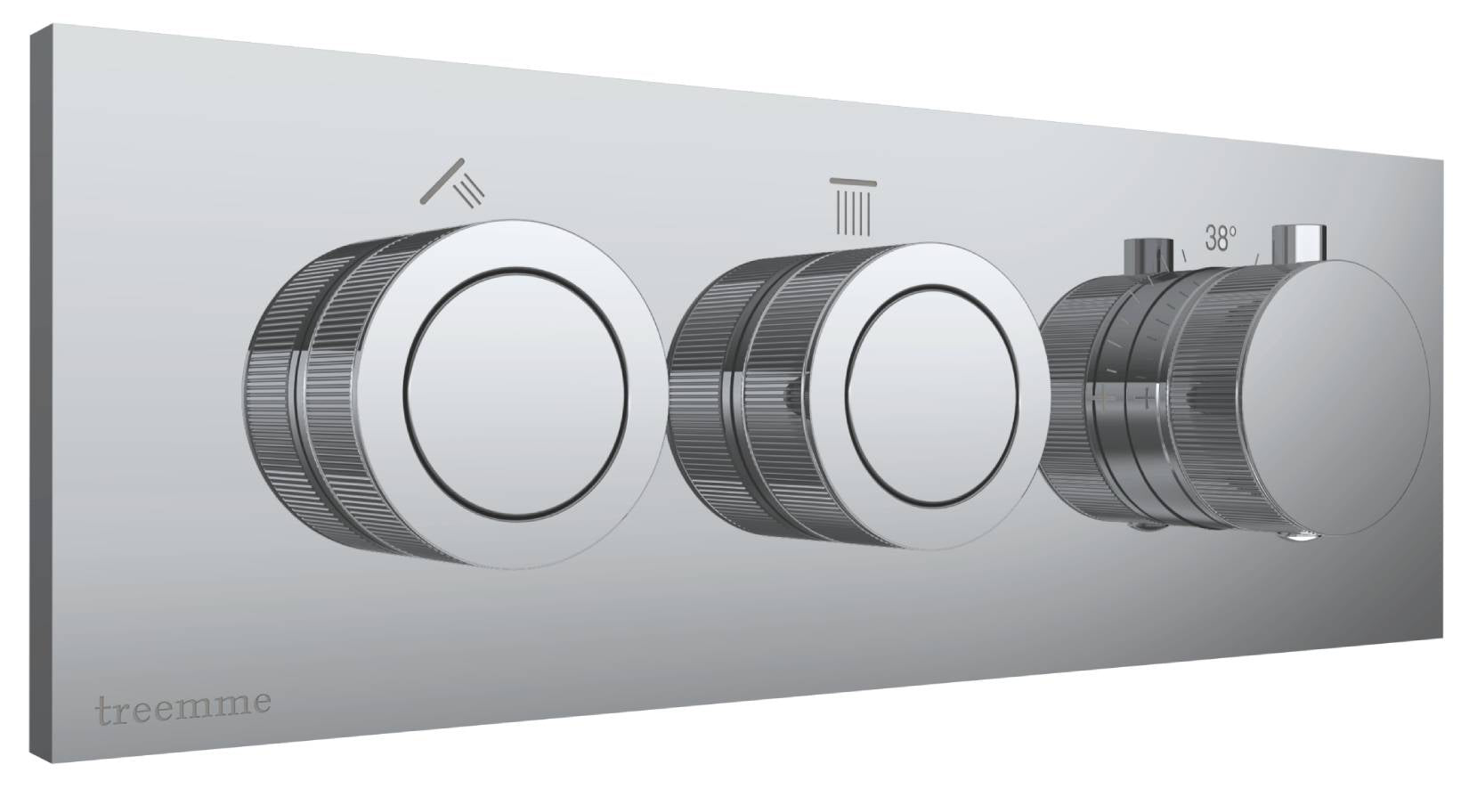 Rubinetterie Treemme 3M W-Smart RWIT 5C86 CC 01 + RWIT 5C86 ZZ 30 Miscelatore Doccia Termostatico Incasso 2 Uscite Parete 3 Fori Sistema Premi e Regola Parte Interna Esterna Incluse Stile Moderno Con Piastra Materiale Ottone Finitura Cromata