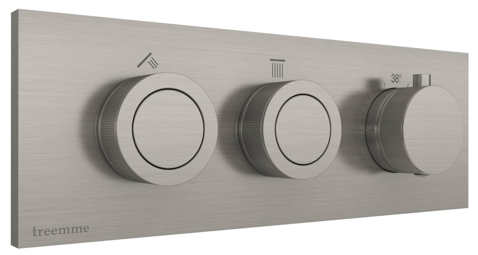 Rubinetterie Treemme 3M W-Smart RWIT 5C86 IS 01 + RWIT 5C86 ZZ 30 Miscelatore Doccia Termostatico Incasso 2 Uscite Parete 3 Fori Tre Manopole Sistema Premi e Regola Parte Interna Esterna Incluse Stile Moderno Con Piastra Acciaio Inox Spazzolato Opaco