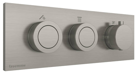 Rubinetterie Treemme 3M W-Smart RWIT 5C86 IS 01 + RWIT 5C86 ZZ 30 Miscelatore Doccia Termostatico Incasso 2 Uscite Parete 3 Fori Tre Manopole Sistema Premi e Regola Parte Interna Esterna Incluse Stile Moderno Con Piastra Acciaio Inox Spazzolato Opaco