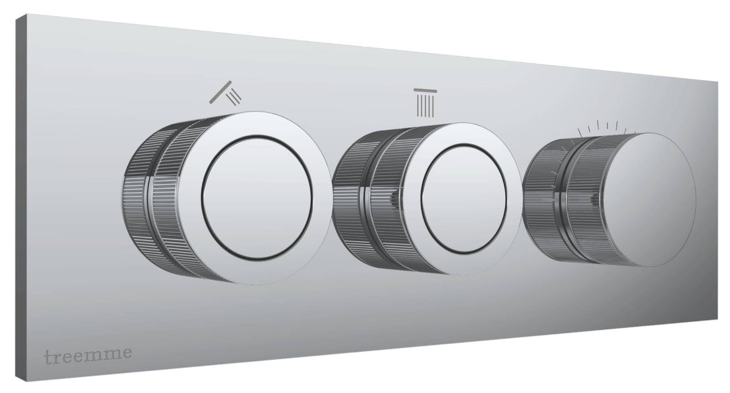 Rubinetterie Treemme 3M W-Smart RWIT 5C89 CC 01 + RWIT 5C89 ZZ 30 Miscelatore Doccia Meccanico Incasso 2 Uscite Parete 3 Fori Sistema Premi e Regola Parte Interna Esterna Incluse Stile Moderno Con Piastra Materiale Ottone Finitura Cromata