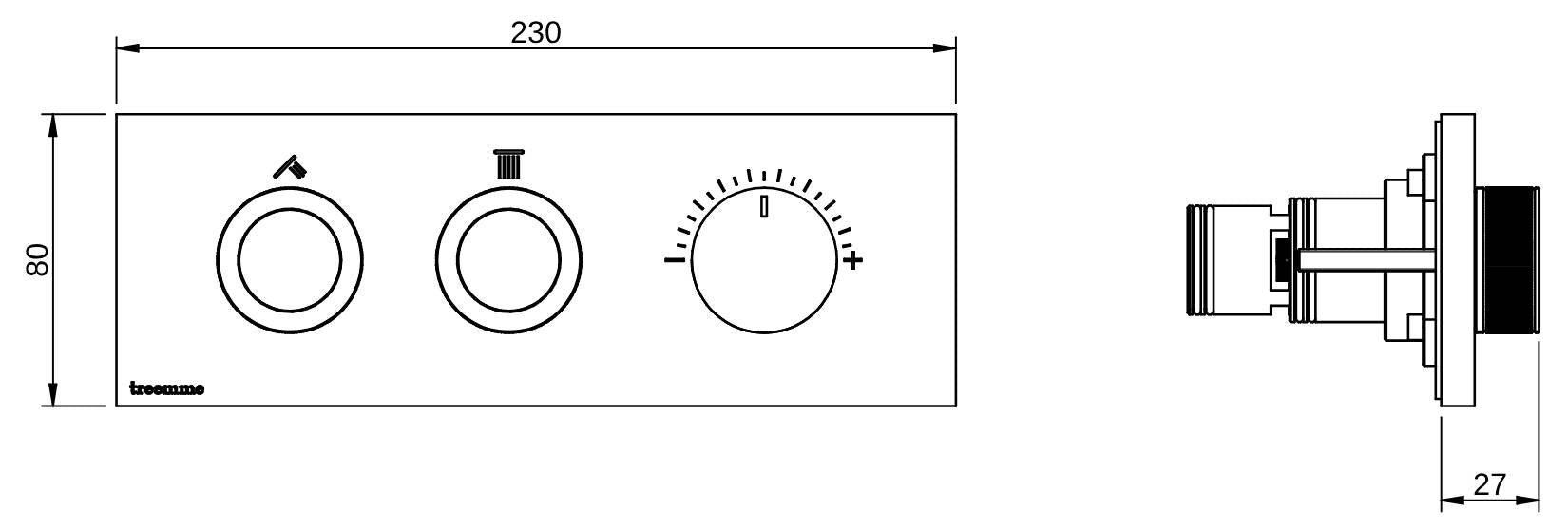 Rubinetterie Treemme 3M W-Smart RWIT 5C89 CC 01 + RWIT 5C89 ZZ 30 Miscelatore Doccia Meccanico Incasso 2 Uscite Parete 3 Fori Sistema Premi e Regola Parte Interna Esterna Incluse Stile Moderno Con Piastra Materiale Ottone Finitura Cromata
