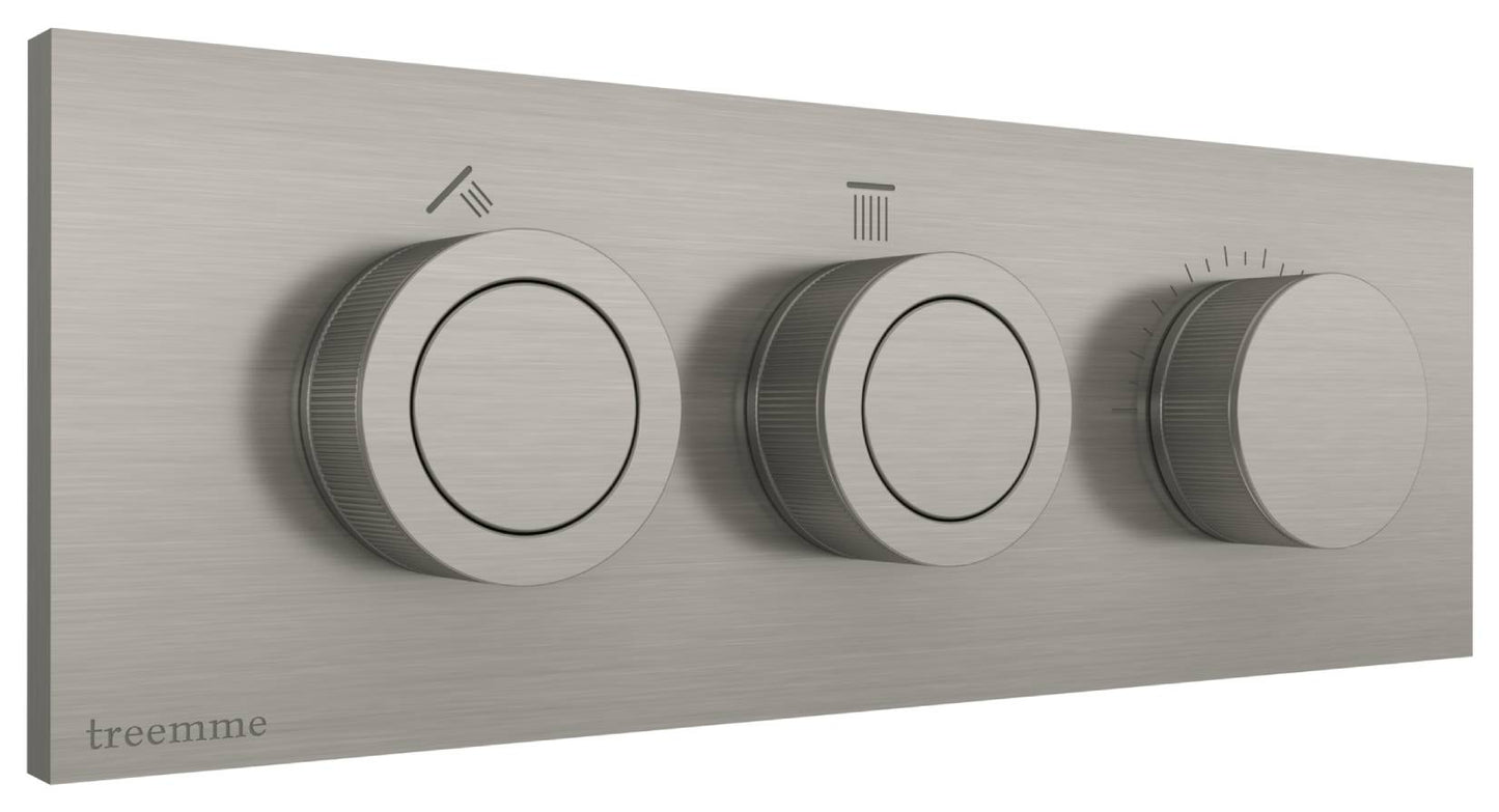Rubinetterie Treemme 3M W-Smart RWIT 5C89 IS 01 + RWIT 5C89 ZZ 30 Miscelatore Doccia Meccanico Incasso 2 Uscite Parete 3 Fori Tre Manopole Sistema Premi e Regola Parte Interna Esterna Incluse Stile Moderno Con Piastra Acciaio Inox Spazzolato Opaco