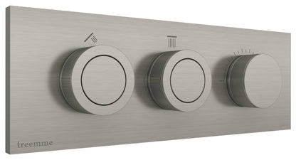 Rubinetterie Treemme 3M W-Smart RWIT 5C89 IS 01 + RWIT 5C89 ZZ 30 Miscelatore Doccia Meccanico Incasso 2 Uscite Parete 3 Fori Tre Manopole Sistema Premi e Regola Parte Interna Esterna Incluse Stile Moderno Con Piastra Acciaio Inox Spazzolato Opaco