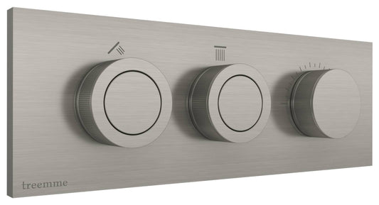Rubinetterie Treemme 3M W-Smart RWIT 5C89 IS 01 + RWIT 5C89 ZZ 30 Miscelatore Doccia Meccanico Incasso 2 Uscite Parete 3 Fori Tre Manopole Sistema Premi e Regola Parte Interna Esterna Incluse Stile Moderno Con Piastra Acciaio Inox Spazzolato Opaco