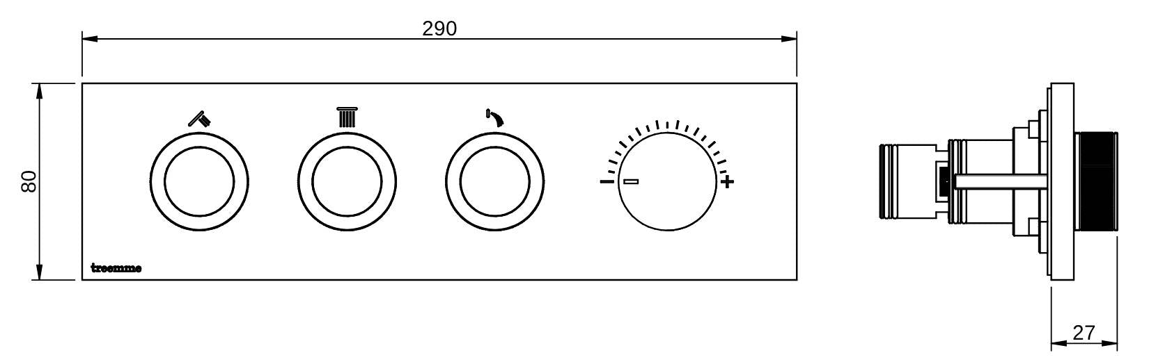 Rubinetterie Treemme 3M W-Smart RWIT 5C90 CC 01 + RWIT 5C90 ZZ 30 Miscelatore Doccia Meccanico Incasso 3 Uscite Parete 4 Fori Sistema Premi e Regola Parte Interna Esterna Incluse Stile Moderno Con Piastra Materiale Ottone Finitura Cromata