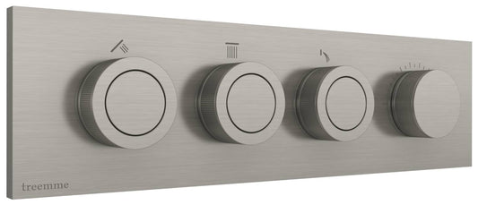 Rubinetterie Treemme 3M W-Smart RWIT 5C90 IS 01 + RWIT 5C90 ZZ 30 Miscelatore Doccia Meccanico Incasso 3 Uscite Parete 4 Fori Quattro Manopole Sistema Premi e Regola Parte Interna Esterna Incluse Stile Moderno Con Piastra Acciaio Inox Spazzolato Opaco