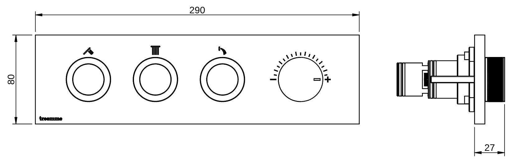 Rubinetterie Treemme 3M W-Smart RWIT 5C90 IS 01 + RWIT 5C90 ZZ 30 Miscelatore Doccia Meccanico Incasso 3 Uscite Parete 4 Fori Quattro Manopole Sistema Premi e Regola Parte Interna Esterna Incluse Stile Moderno Con Piastra Acciaio Inox Spazzolato Opaco
