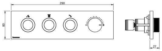 Rubinetterie Treemme 3M W-Smart RWIT 5C90 IS 01 + RWIT 5C90 ZZ 30 Miscelatore Doccia Meccanico Incasso 3 Uscite Parete 4 Fori Quattro Manopole Sistema Premi e Regola Parte Interna Esterna Incluse Stile Moderno Con Piastra Acciaio Inox Spazzolato Opaco