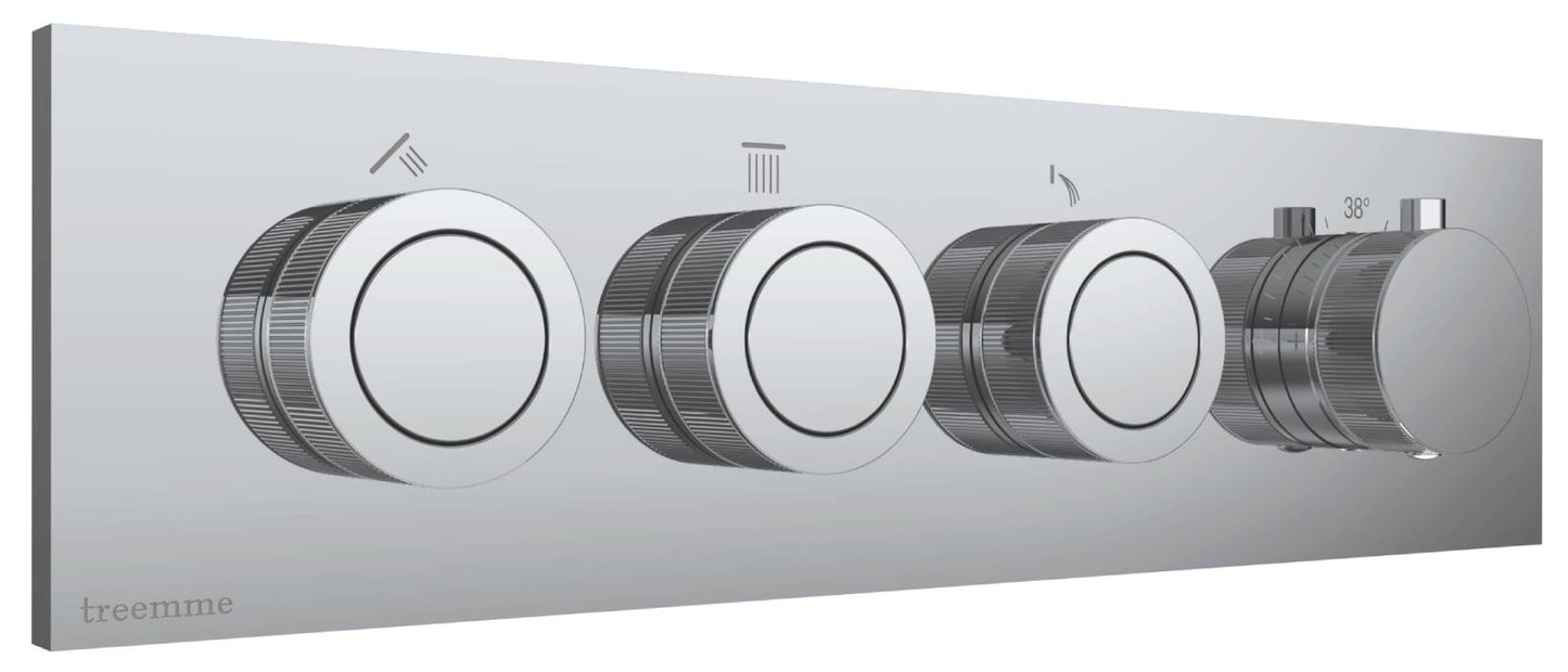 Rubinetterie Treemme 3M W-Smart RWIT 5C94 CC 01 + RWIT 5C94 ZZ 30 Miscelatore Doccia Termostatico Incasso 3 Uscite Parete 4 Fori 4 Manopole Sistema Premi e Regola Parte Interna Esterna Incluse Stile Moderno Con Piastra Materiale Ottone Finitura Cromata