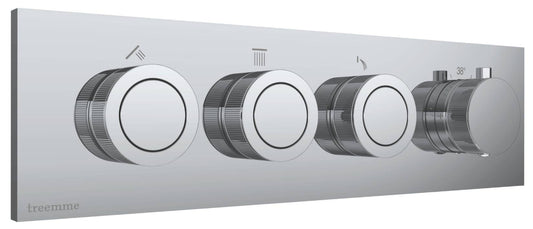 Rubinetterie Treemme 3M W-Smart RWIT 5C94 CC 01 + RWIT 5C94 ZZ 30 Miscelatore Doccia Termostatico Incasso 3 Uscite Parete 4 Fori 4 Manopole Sistema Premi e Regola Parte Interna Esterna Incluse Stile Moderno Con Piastra Materiale Ottone Finitura Cromata