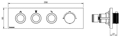 Rubinetterie Treemme 3M W-Smart RWIT 5C94 CC 01 + RWIT 5C94 ZZ 30 Miscelatore Doccia Termostatico Incasso 3 Uscite Parete 4 Fori 4 Manopole Sistema Premi e Regola Parte Interna Esterna Incluse Stile Moderno Con Piastra Materiale Ottone Finitura Cromata