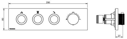 Rubinetterie Treemme 3M W-Smart RWIT 5C94 CC 01 + RWIT 5C94 ZZ 30 Miscelatore Doccia Termostatico Incasso 3 Uscite Parete 4 Fori 4 Manopole Sistema Premi e Regola Parte Interna Esterna Incluse Stile Moderno Con Piastra Materiale Ottone Finitura Cromata