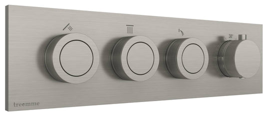 Rubinetterie Treemme 3M W-Smart RWIT 5C94 IS 01 + RWIT 5C94 ZZ 30 Miscelatore Doccia Termostatico Incasso 3 Uscite Parete 4 Fori Quattro Manopole Sistema Premi e Regola Parte Interna Esterna Incluse Stile Moderno Con Piastra Acciaio Inox Spazzolato Opaco