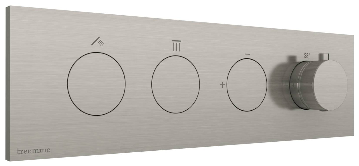 Rubinetterie Treemme 3M W-Touch RWIT 1B86 IS 01 + RWIT 1B86 ZZ 30 Miscelatore Doccia Termostatico Incasso 2 Uscite Parete 4 Fori Stile Moderno Con Piastra Materiale Acciaio Finitura Inox Spazzolato Opaco Parte Interna Esterna Incluse
