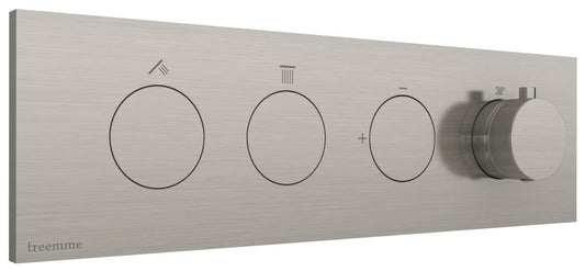 Rubinetterie Treemme 3M W-Touch RWIT 1B86 IS 01 + RWIT 1B86 ZZ 30 Miscelatore Doccia Termostatico Incasso 2 Uscite Parete 4 Fori Stile Moderno Con Piastra Materiale Acciaio Finitura Inox Spazzolato Opaco Parte Interna Esterna Incluse